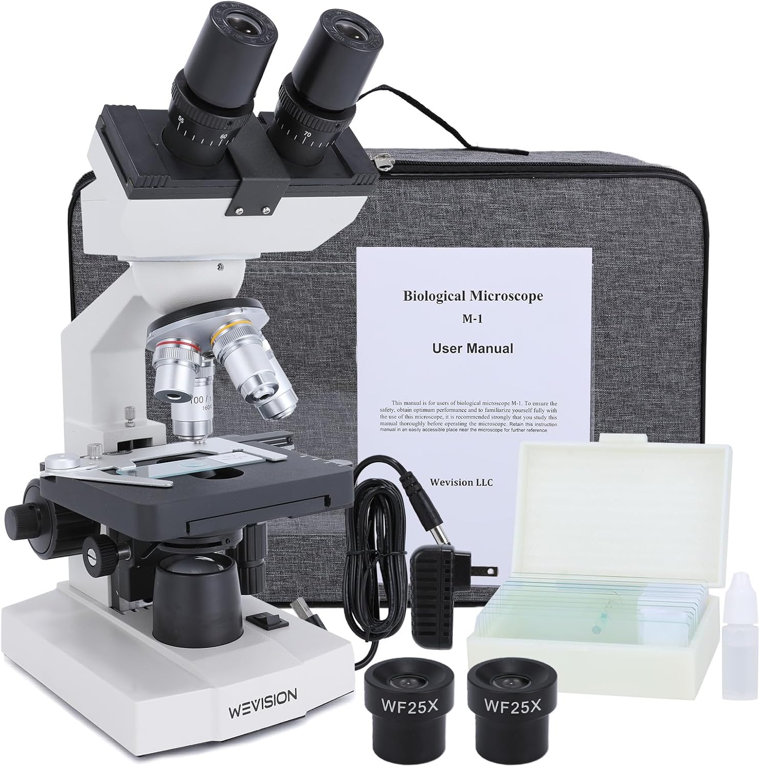 Wevision M1 binocular compound microscope with case, slides, eyepieces, and accessories