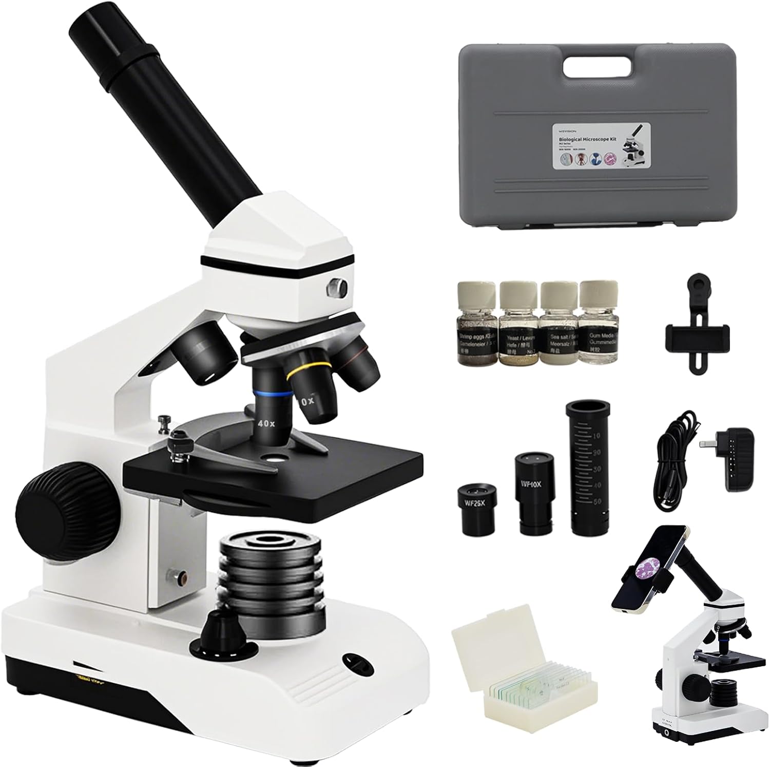 Wevision M2 monocular compound microscope with hard case, slides, smartphone adapter, and accessories